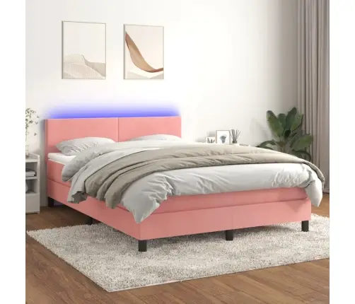 Atsperu Gulta Ar Matraci, Led, Rozā Samts, 140X200 Cm Vidaxl