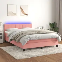 Atsperu Gulta Ar Matraci, Led, Rozā Samts, 140X190 Cm Vidaxl