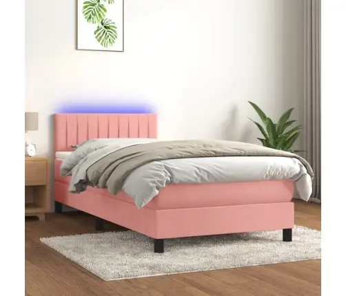 Atsperu Gulta Ar Matraci, Led, Rozā Samts, 90X200 Cm Vidaxl