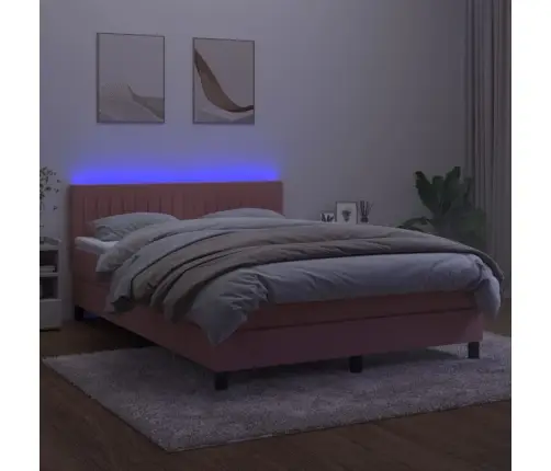 Atsperu Gulta Ar Matraci, Led, Rozā Samts, 140X190 Cm Vidaxl