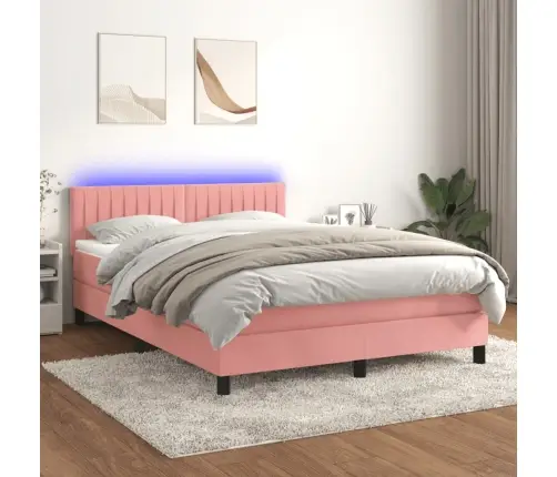 Atsperu Gulta Ar Matraci, Led, Rozā Samts, 140X200 Cm Vidaxl