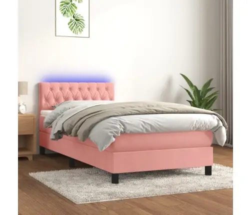 Atsperu Gulta Ar Matraci, Led, Rozā Samts, 90X200 Cm Vidaxl