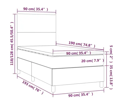 Atsperu Gulta Ar Matraci, Led, Melns Audums, 90X190 Cm Vidaxl