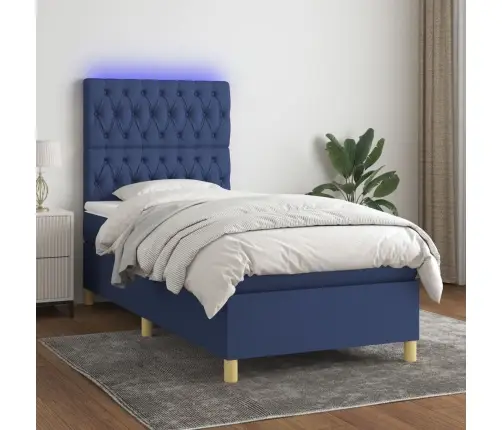 Atsperu Gulta Ar Matraci, Led, Zils Audums, 90X190 Cm Vidaxl
