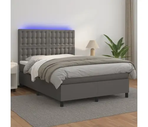 Atsperu Gulta Ar Matraci, Led, Pelēka, 140X190 Cm, Mākslīgā Āda Vidaxl