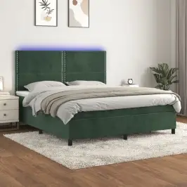 Atsperu Gulta Ar Matraci, Led, Tumši Zaļš Samts, 160X200 Cm Vidaxl