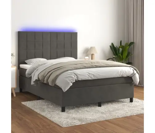 Atsperu Gulta Ar Matraci, Led, Tumši Pelēks Samts, 140X190 Cm Vidaxl