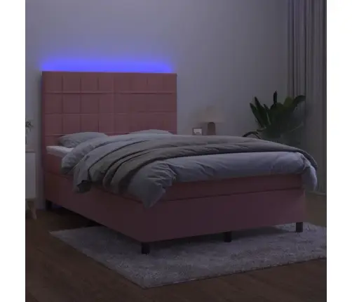 Atsperu Gulta Ar Matraci, Led, Rozā Samts, 140X190 Cm Vidaxl