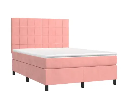 Atsperu Gulta Ar Matraci, Led, Rozā Samts, 140X200 Cm Vidaxl