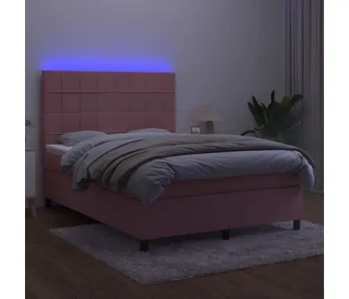 Atsperu Gulta Ar Matraci, Led, Rozā Samts, 140X200 Cm Vidaxl