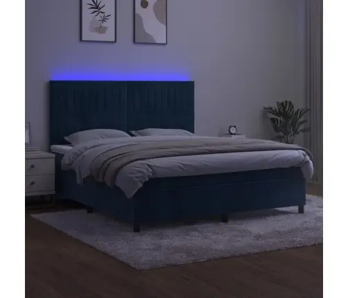 Atsperu Gulta Ar Matraci, Led, Tumši Zils Samts, 160X200 Cm Vidaxl