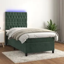 Atsperu Gulta Ar Matraci, Led, Tumši Zaļš Samts, 90X200 Cm Vidaxl