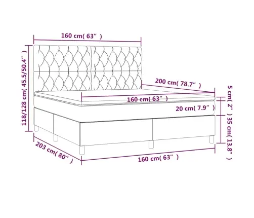 Atsperu Gulta Ar Matraci, Led, Tumši Zils Samts, 160X200 Cm Vidaxl