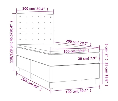 Atsperu Gulta Ar Matraci, Led, Gaiši Pelēks Samts, 100X200 Cm Vidaxl