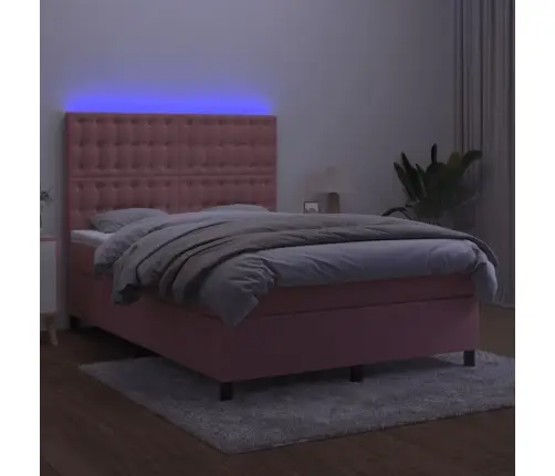 Atsperu Gulta Ar Matraci, Led, Rozā Samts, 140X190 Cm Vidaxl