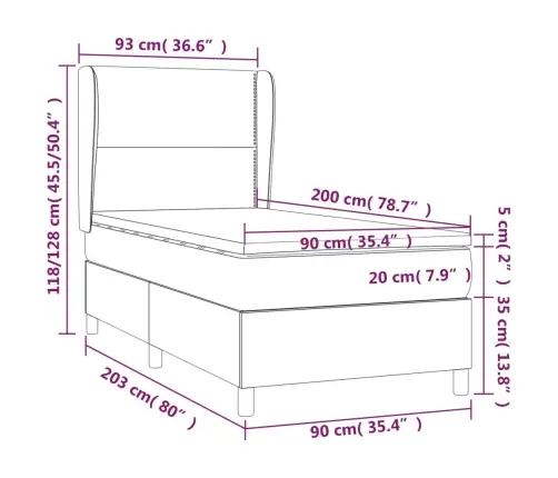 Atsperu Gultas Rāmis Ar Matraci, Melna, 90X200 Cm, Audums Vidaxl
