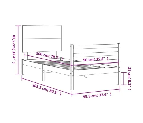 Gultas Rāmis Ar Galvgali, Balts, Masīvkoks, 90X200 Cm Vidaxl