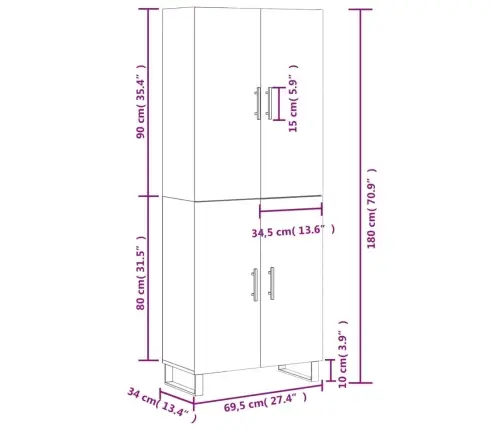 Augstais Skapis, Balts, 69,5X34X180 Cm, Inženierijas Koks Vidaxl