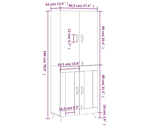 Augstais Skapis, Pelēks, 69,5X34X180 Cm, Inženierijas Koks Vidaxl