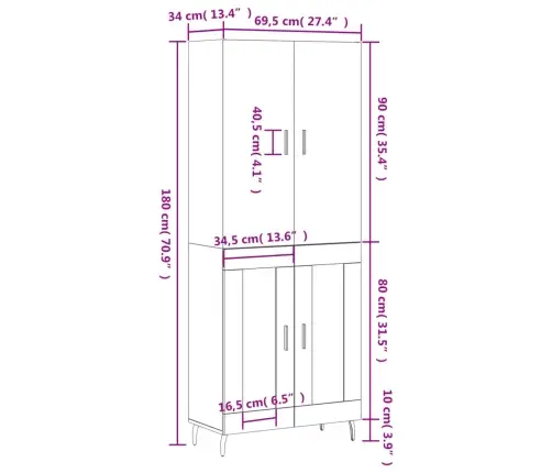 Kõrge Kapp, Sonoma Tamm, 69,5 X 34 X 180 cm Tehispuit