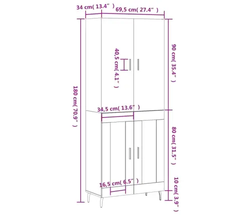 Komoda, Pilkos Ąžuolo Spalvos, 69,5X34X180cm Apdirbta Mediena