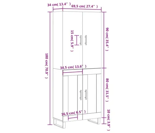 Augstais Skapis, Pelēks, 69,5X34X180 Cm, Inženierijas Koks Vidaxl