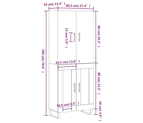 Augstais Skapis, Ozolkoka, 69,5X34X180 Cm, Inženierijas Koks Vidaxl