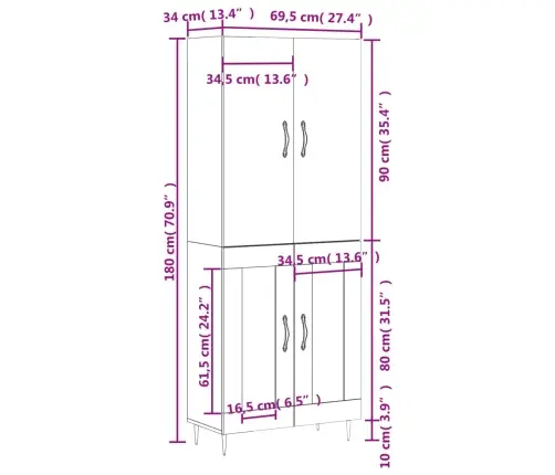 Augstais Skapis, Pelēks, 69,5X34X180 Cm, Inženierijas Koks Vidaxl Augstais Skapis, Pelēks, 69,5X34X180 Cm, Inženierijas Koks Vidaxl