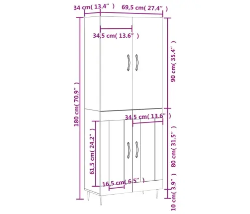 Kõrge Kapp, Suitsutatud Tamm, 69,5 X 34 X 180 cm Tehispuit