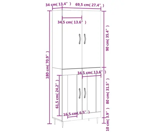 Augstais Skapis, Pelēks, 69,5X34X180 Cm, Inženierijas Koks Vidaxl