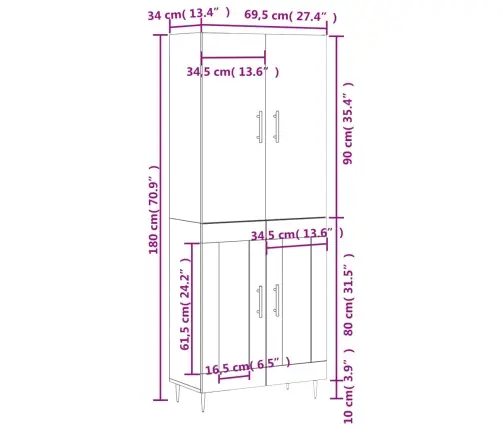 Augstais Skapis, Pelēks, 69,5X34X180 Cm, Inženierijas Koks Vidaxl Augstais Skapis, Pelēks, 69,5X34X180 Cm, Inženierijas Koks Vidaxl