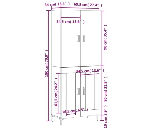 Augstais Skapis, Ozolkoka, 69,5X34X180 Cm, Inženierijas Koks Vidaxl