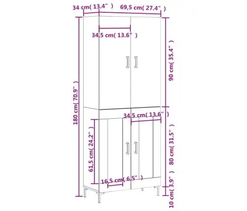 Kõrge Kapp, Hall Sonoma Tamm, 69,5 X 34 X 180 cm Tehispuit