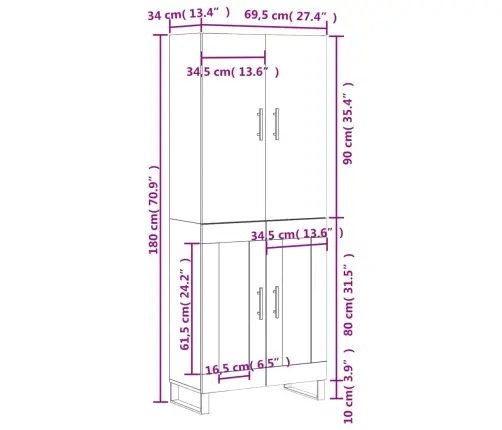 Augstais Skapis, Balts, 69,5X34X180 Cm, Inženierijas Koks Vidaxl