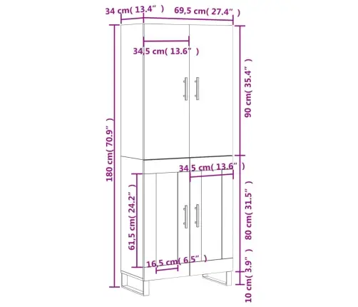 Komoda, Sonoma Ąžuolo Spalvos, 69,5X34X180cm Apdirbta Mediena