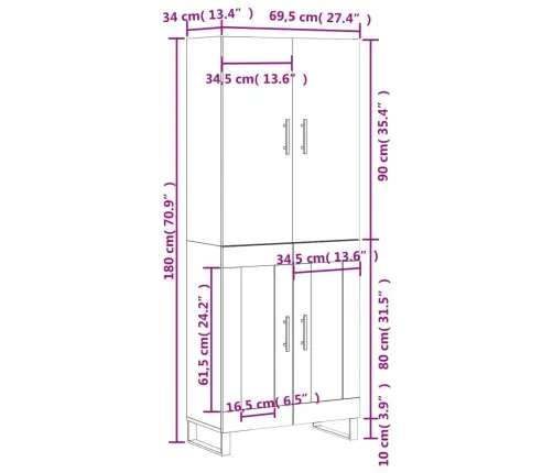 Kõrge Kapp, Hall Sonoma Tamm, 69,5 X 34 X 180 cm Tehispuit