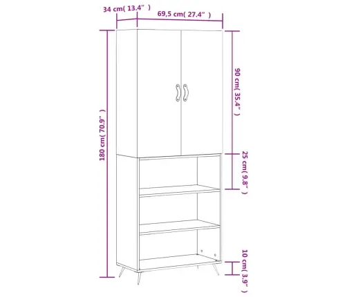 Augstais Skapis, Balts, 69,5X34X180 Cm, Inženierijas Koks Vidaxl