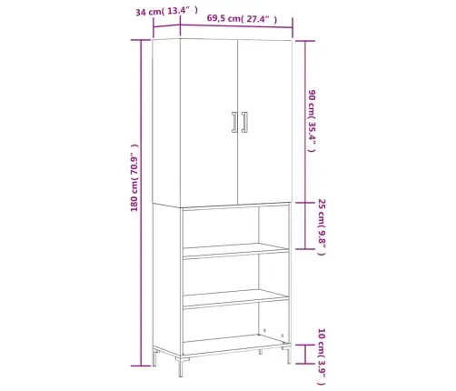 Augstais Skapis, Pelēks, 69,5X34X180 Cm, Inženierijas Koks Vidaxl