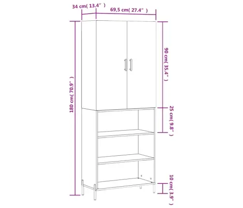Augstais Skapis, Balts, 69,5X34X180 Cm, Inženierijas Koks Vidaxl