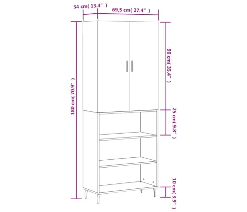 Kõrge Kapp, Hall Sonoma Tamm, 69,5 X 34 X 180 cm Tehispuit