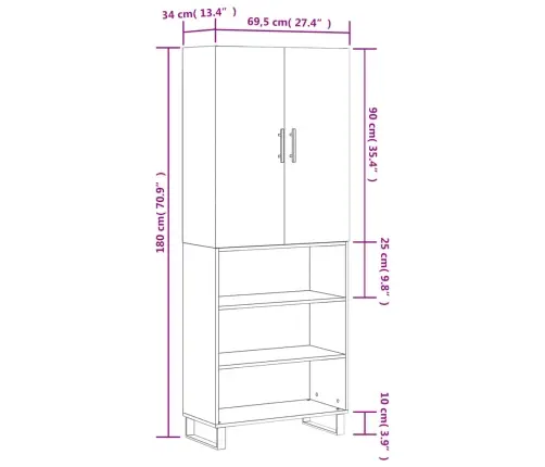 Augstais Skapis, Pelēks, 69,5X34X180 Cm, Inženierijas Koks Vidaxl