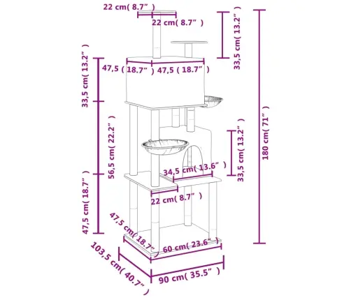Kaķu Māja Ar Sizala Stabiem Nagu Asināšanai, 180 Cm, Pelēka Vidaxl