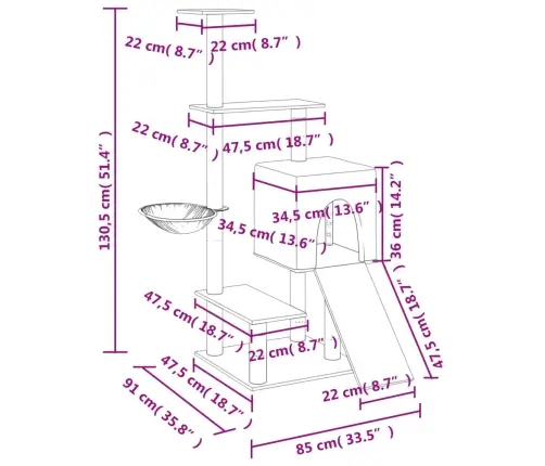Kaķu Māja Ar Sizala Stabiem Nagu Asināšanai, 130,5 Cm, Pelēka Vidaxl