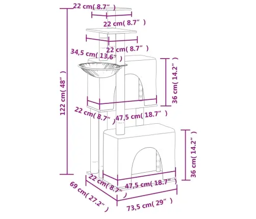 Kaķu Māja Ar Sizala Stabiem Nagu Asināšanai, 122 Cm, Pelēka Vidaxl