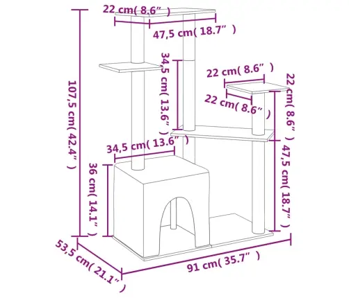 Kassimaja Sisalköitega Kraapimispuudega, Helehall, 107,5 Cm