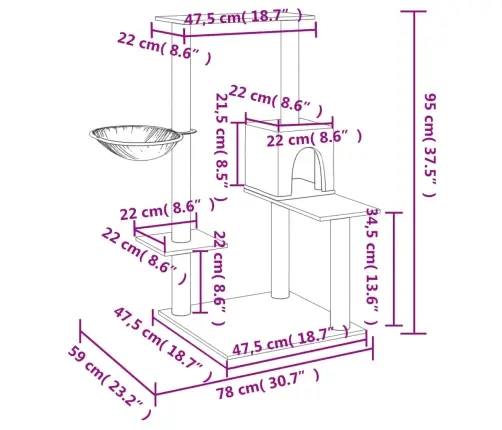 Kassimaja Sisalköitega Kraapimispostidega, Tumehall, 95 Cm