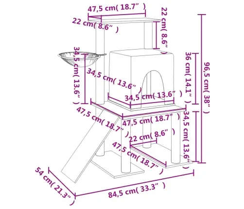Kassimaja Sisalköitega Kraapimispostidega, Tumehall, 96,5 Cm