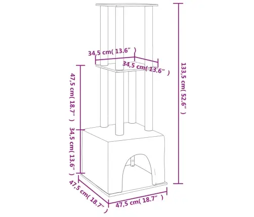 Kaķu Māja Ar Sizala Stabiem Nagu Asināšanai, 133,5 Cm, Pelēka Vidaxl