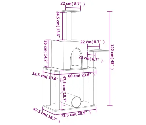Kaķu Māja Ar Sizala Stabiem Nagu Asināšanai, 122 Cm, Pelēka Vidaxl