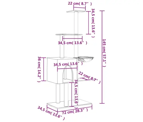 Kaķu Māja Ar Sizala Stabiem Nagu Asināšanai, 145 Cm, Pelēka Vidaxl